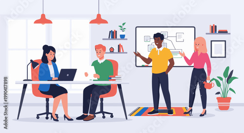 Colleagues collaborate in modern office with whiteboard and plants