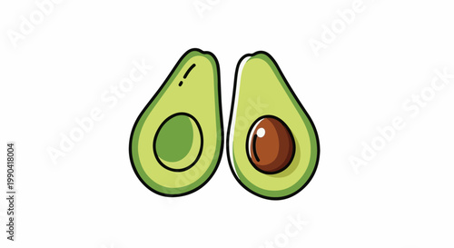 Two halves of a cartoon avocado, one whole, one pitted, on white