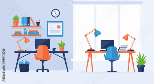 Two minimalist desks with computers, chairs, lamps, and plants in a bright, clean room