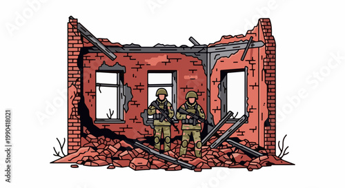 Soldiers stand guard in a destroyed brick building with debris and broken beams