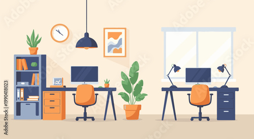 Two home office desks with computers, chairs, plants, a shelf, and artwork