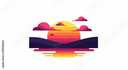Stylized sunset over a dark landscape with reflected colors on water