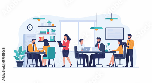 A modern office scene with diverse people collaborating at desks, working on laptops, and discussing projects, surrounded by plants and sleek furniture