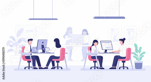 Office workers focused on computers at desks, with plants and wall art