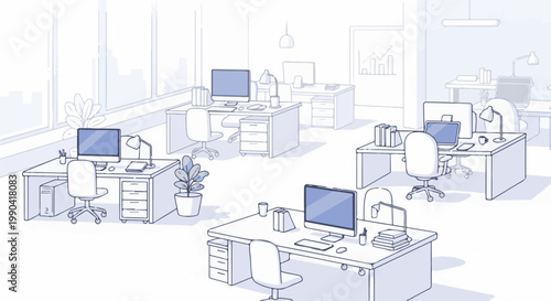 Modern office interior with desks, computers, chairs, and plants under natural light