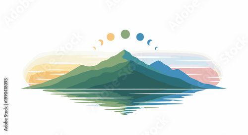 Stylized mountains reflected in water under a sky with moons
