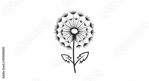 A black and white linocut-style illustration of a dandelion seed head with two leaves
