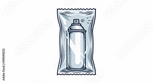 A gray spray can is depicted in a clear, sealed plastic package, showing a spray mist