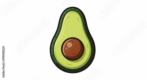 A stylized, cartoon-like image of a ripe avocado half with a large brown pit inside