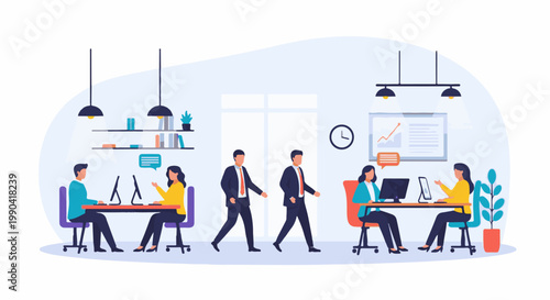 Diverse individuals collaborate and work at computers in a modern office environment