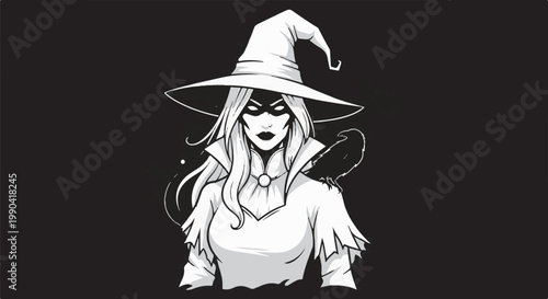 A mysterious witch with a dark aura, wearing a pointed hat and a cloak, with a raven perched on her shoulder