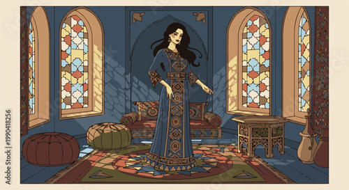 Woman in ornate blue dress stands in richly decorated room with stained glass windows