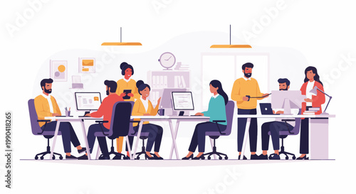 Diverse professionals collaborating at computers in a modern office setting