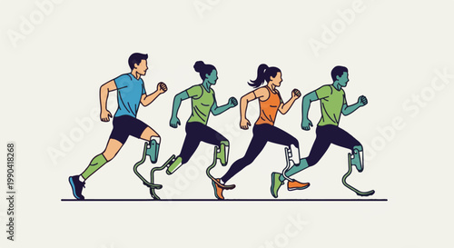 Diverse athletes with prosthetic legs running in a race