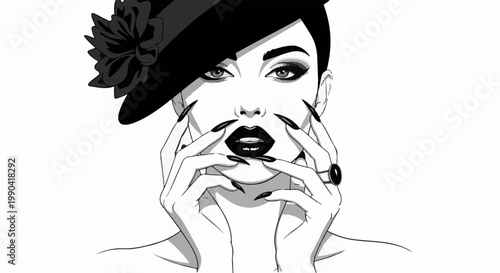 A stylish woman in a hat and bold makeup, with long nails