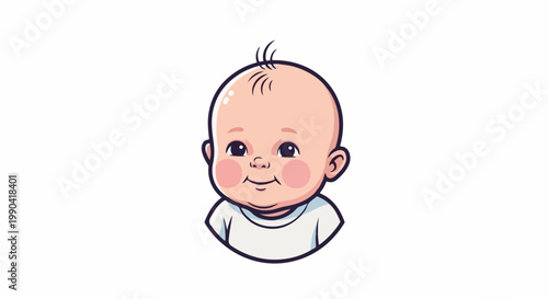 A cheerful, bald baby with rosy cheeks and a tuft of hair, wearing a white shirt