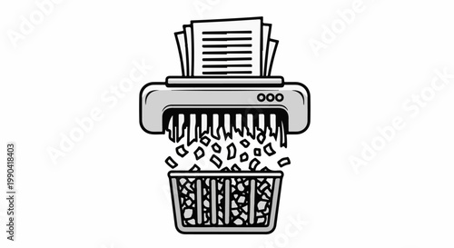 A grey paper shredder destroys documents, dropping shredded pieces into a basket