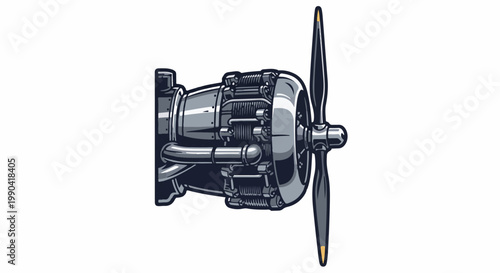 Stylized illustration of a complex aircraft engine with a spinning propeller
