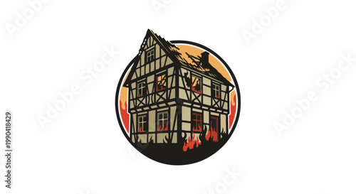 An old, half-timbered building is ablaze with flames licking at its windows and roof, all within a circular frame