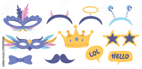 Cute Hand-Drawn Photo Booth Props Vector Set with Masks, Crown, and Fun Speech Bubbles