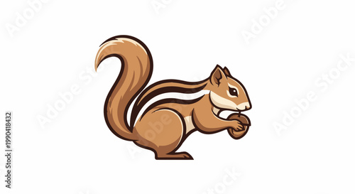 Cute cartoon chipmunk with striped fur holds a nut, isolated on white