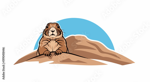 A cute cartoon prairie dog pops its head out from its burrow in a sandy landscape with a blue sky