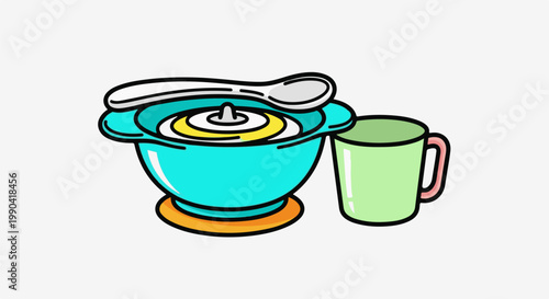 A cartoonish depiction of a turquoise bowl of food with a spoon and a green cup