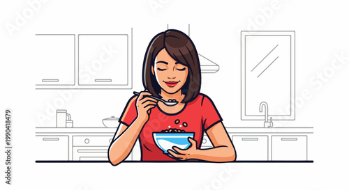 A woman enjoys a bowl of cereal at her kitchen counter, with a minimalist background