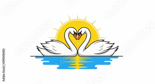 Two elegant swans form a heart shape with their necks, silhouetted against a bright sun over calm water