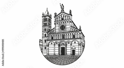 Ornate church facade with bell tower, detailed architectural design, stone paving