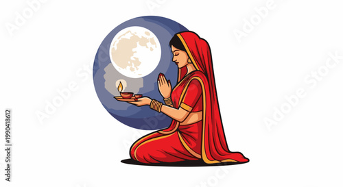 Woman in red sari praying with lit lamp and moon in background