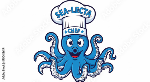 Octopus chef mascot wearing a white hat and blue apron with SEA-LECTA branding for restaurant branding