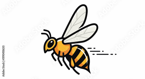 A stylized, cartoon-like bee with black and yellow stripes, transparent wings, and motion lines