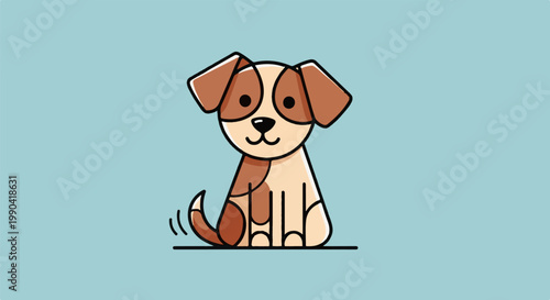 A cute, cartoonish dog with brown and white patches sits happily