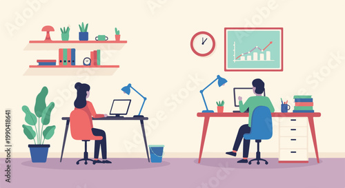 Two individuals working at desks with computers, shelves with plants and books above