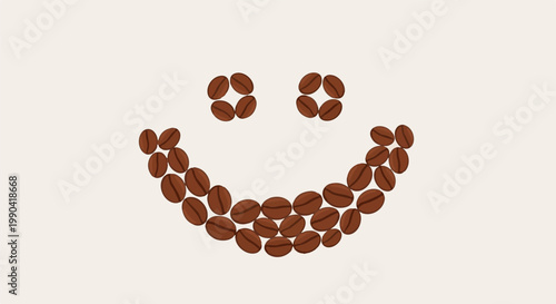 A happy face composed of numerous brown coffee beans against a light background