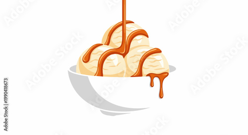 A white bowl overflowing with creamy scoops of vanilla ice cream, drizzled with a rich caramel sauce that drips down the sides