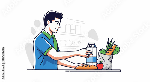A person reaches for groceries, including milk, bread, and vegetables
