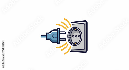 A blue electrical plug poised to connect with a grey wall socket emitting yellow energy waves