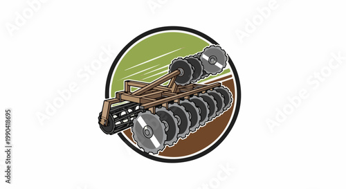 A disc harrow agricultural implement with multiple discs for tilling soil in a circular emblem