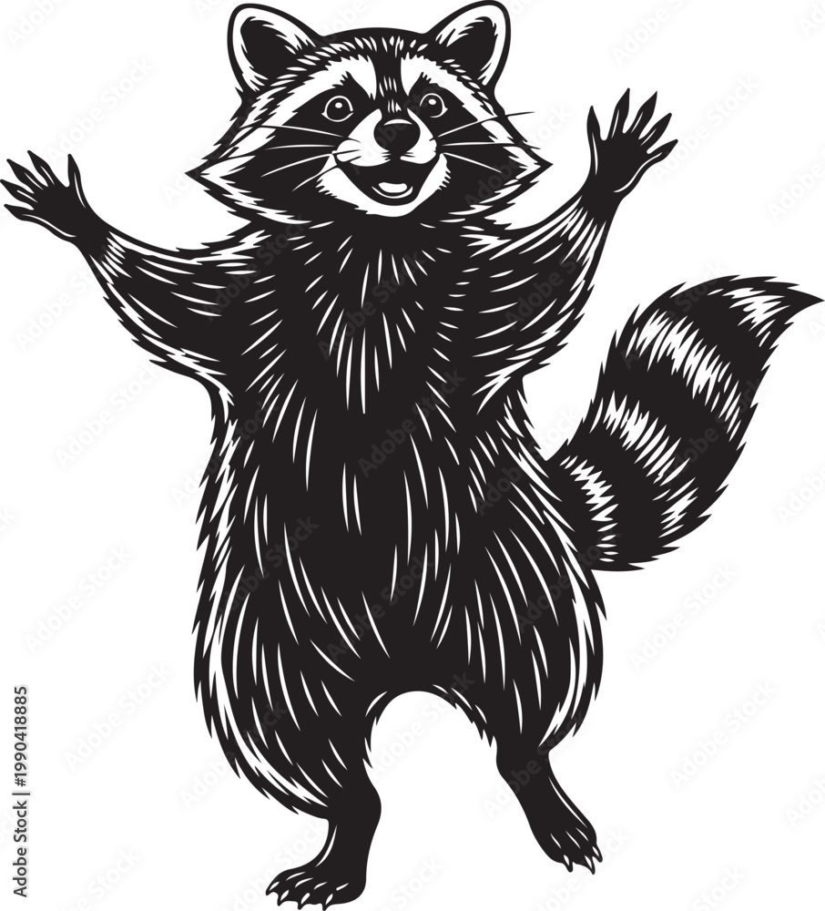 Fototapeta premium Cute Raccoon Cartoon Black and White Hand Drawn Illustration.