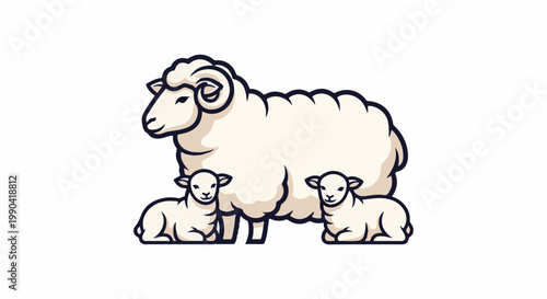 A stylized illustration of a mother sheep and two lambs