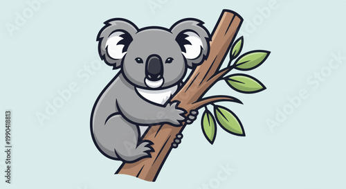 Cartoon koala clinging to a tree branch with green leaves