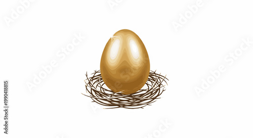A golden egg rests in a nest of twigs on a white background