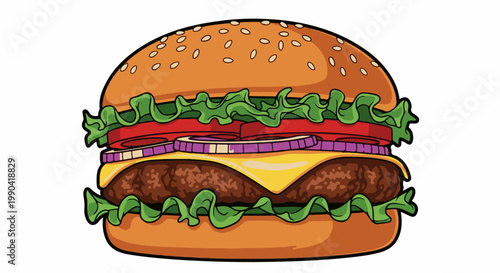 A large, appetizing hamburger with a sesame seed bun, lettuce, tomato, onion, and melted cheese