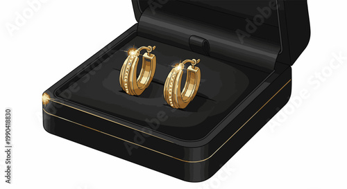 Luxurious gold hoop earrings sparkle in an open black velvet jewelry box with golden trim