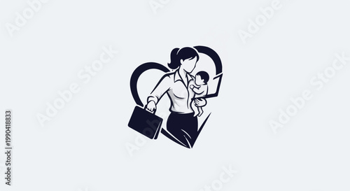 Woman balancing career and motherhood, with briefcase and baby embraced by heart shape