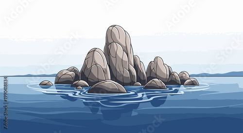 Pixel art scene of grey rocks emerging from calm blue water under a pale sky