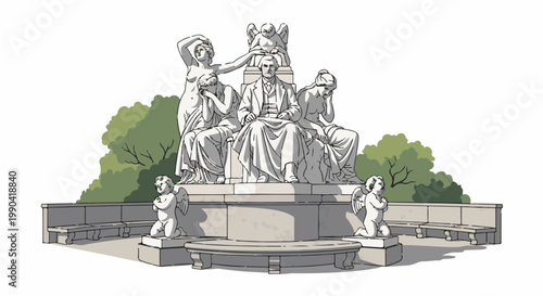 Monument with seated man, figures, angels, benches, and trees