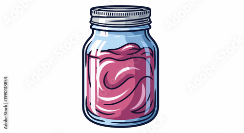 Glass jar filled with swirled pinkish jam or preserve